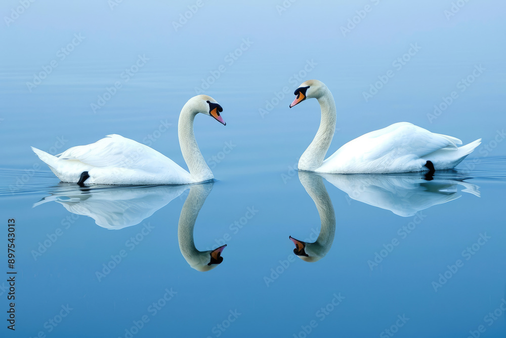 Fototapeta premium Pair of swans gracefully swimming on calm lake reflections mirrored in water