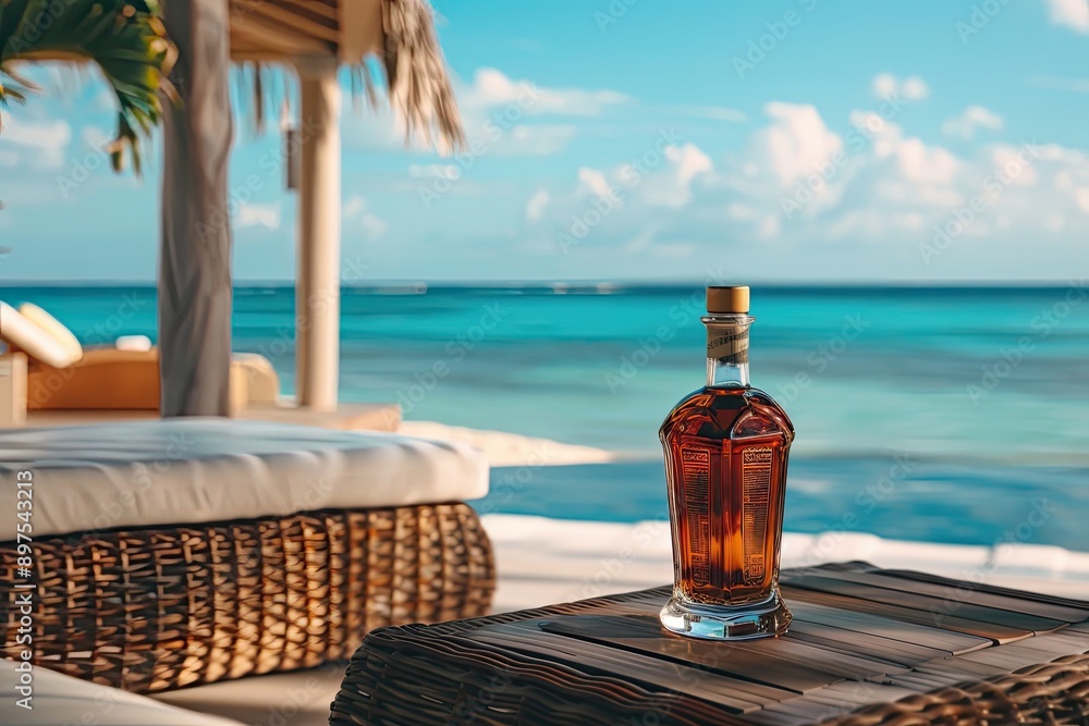 Whiskey bottle on ocean view resort patio Whiskey bottle on ocean view resort patio