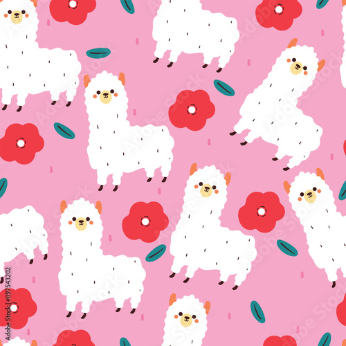 seamless pattern cartoon llama and flower. cute wallpaper for textile, gift wrap paper