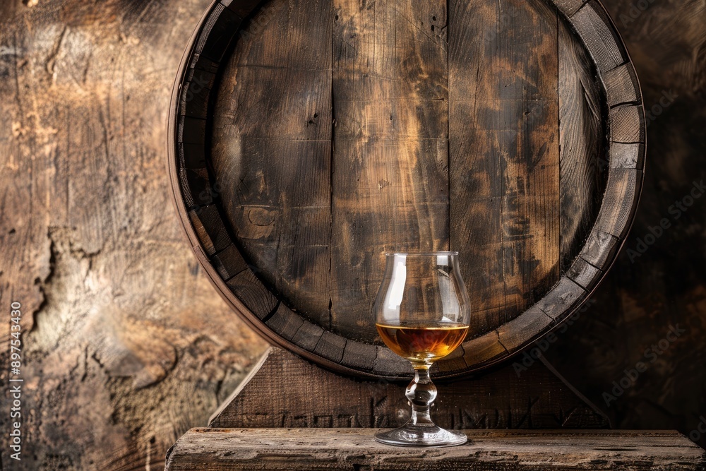 Whiskey glass and wooden barrel with space for text Whiskey glass and wooden barrel with space for text