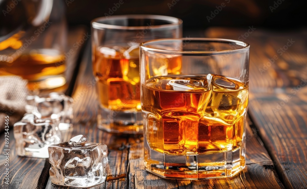 Whiskey on a wood table with ice Whiskey on a wood table with ice