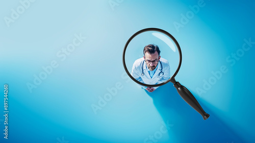 un médecin vu au travers d'une loupe pour illustrer le concept de désert médical et de difficulté à trouver un médecin