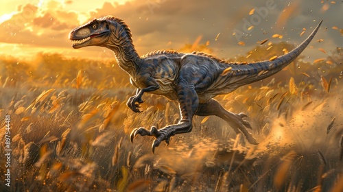 A scene showing a Velociraptor hunting for prey, with tall grasses and a sense of movement in the illustration.