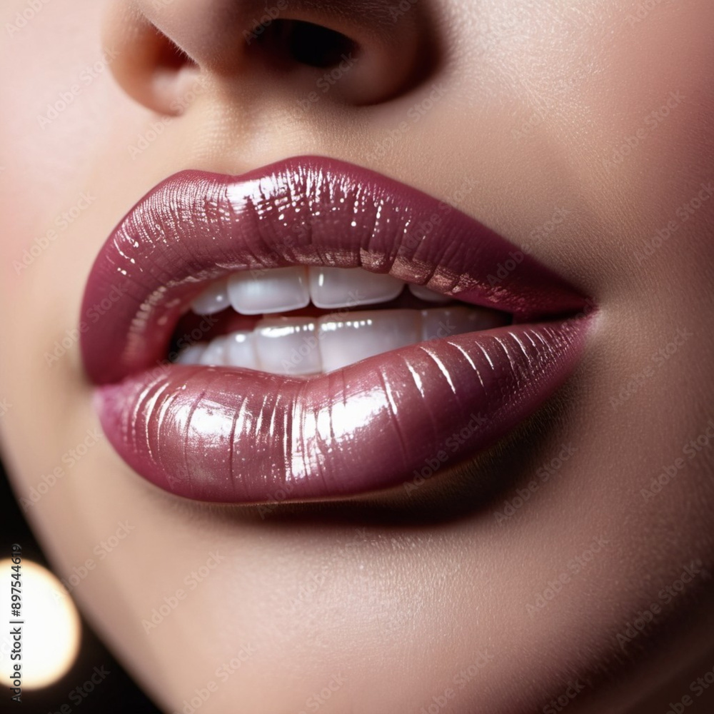 Close-up of woman lips, featuring shimmering pearlescent lipstick. Touch of sparkle. Lips are slightly parted, revealing glimpse of white teeth. Sensuality and sexuality. Mother of pearl lipstick. AI Close-up of woman lips, featuring shimmering pearlescent lipstick. Touch of sparkle. Lips are slightly parted, revealing glimpse of white teeth. Sensuality and sexuality. Mother of pearl lipstick. AI