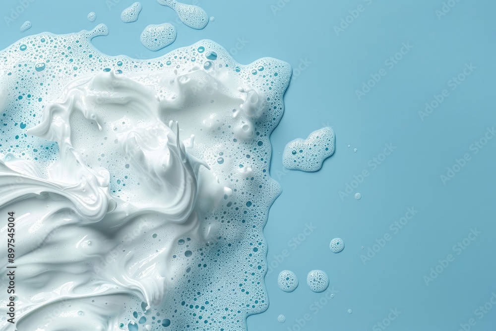 White foam swirl sample on blue background copy space Texture closeup White foam swirl sample on blue background copy space Texture closeup