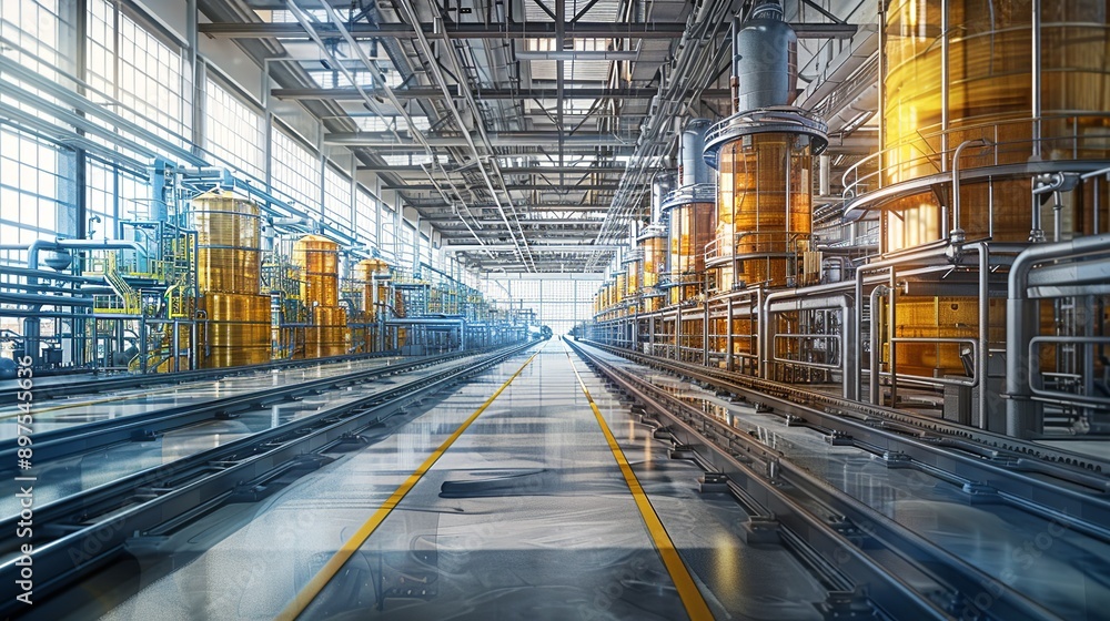 Fototapeta premium Detailed image of a production line in a factory, highlighting the technological advancements and efficiency improvements in the chemical and petroleum sectors. Watercolor style, high resolution