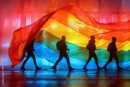 pride march silhouette, holding a vibrant rainbow flag that ripples in the wind. photo