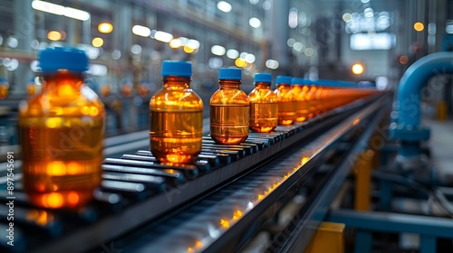 Detailed image of a production line in a factory, highlighting the technological advancements and efficiency improvements in the chemical and petroleum sectors. Watercolor style, high resolution