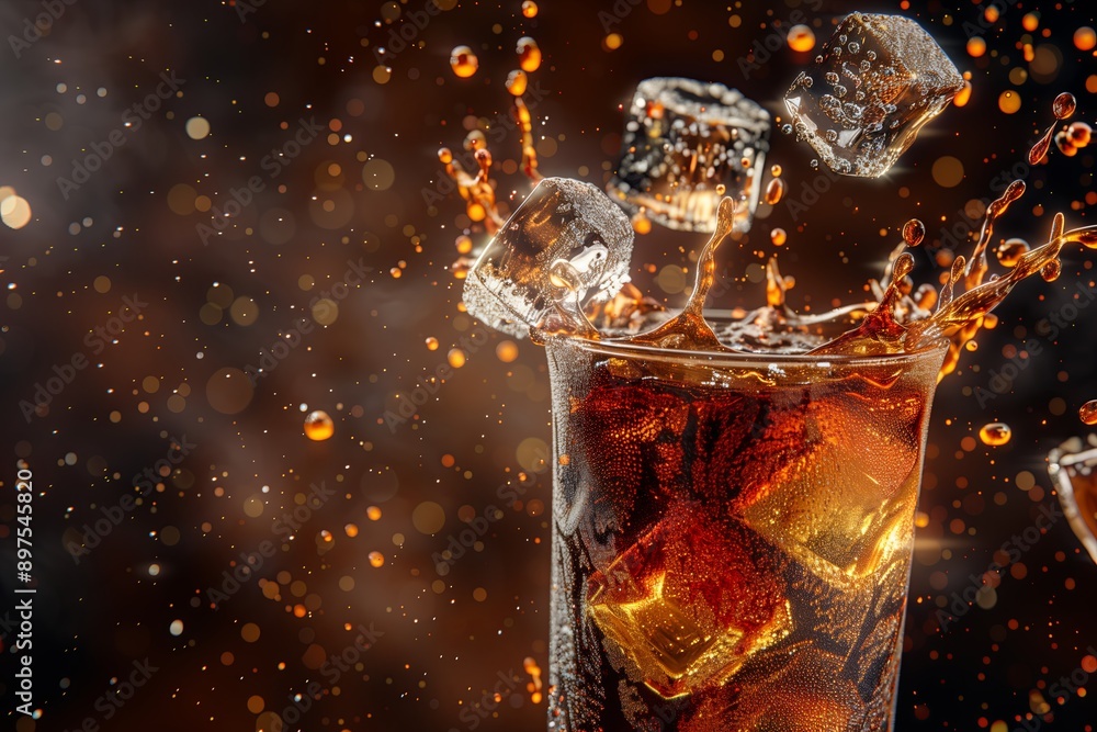 Ice cubes splashing into a glass of cold soda Ice cubes splashing into a glass of cold soda