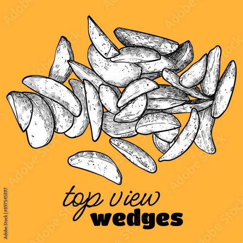 Hand drawn vector top view wedges. Tasty yellow orange crispy wedges with black outline, white fill in separate groups. The middle wedges are merged. This asset is ready to use and easy to edit. 