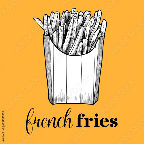 Hand drawn vector side view french fries. Crispy fries in a striped box with black outline, white fill in separate groups on orange background. This asset is ready to use and easy to edit. 