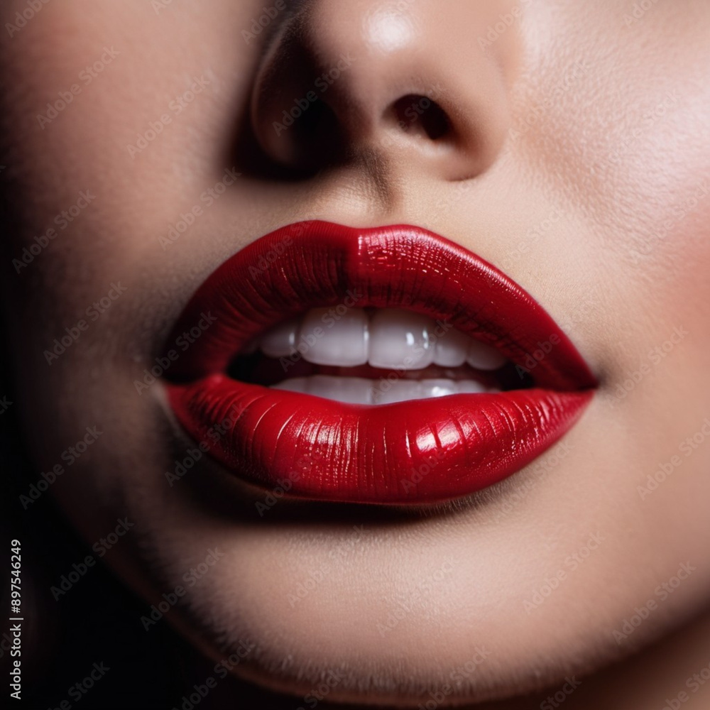 A close-up of a woman's lips, featuring shimmering red lipstick that adds a touch of sparkle. The lips are slightly parted, revealing a glimpse of white teeth. Sensuality and sexuality. AI generated A close-up of a woman's lips, featuring shimmering red lipstick that adds a touch of sparkle. The lips are slightly parted, revealing a glimpse of white teeth. Sensuality and sexuality. AI generated