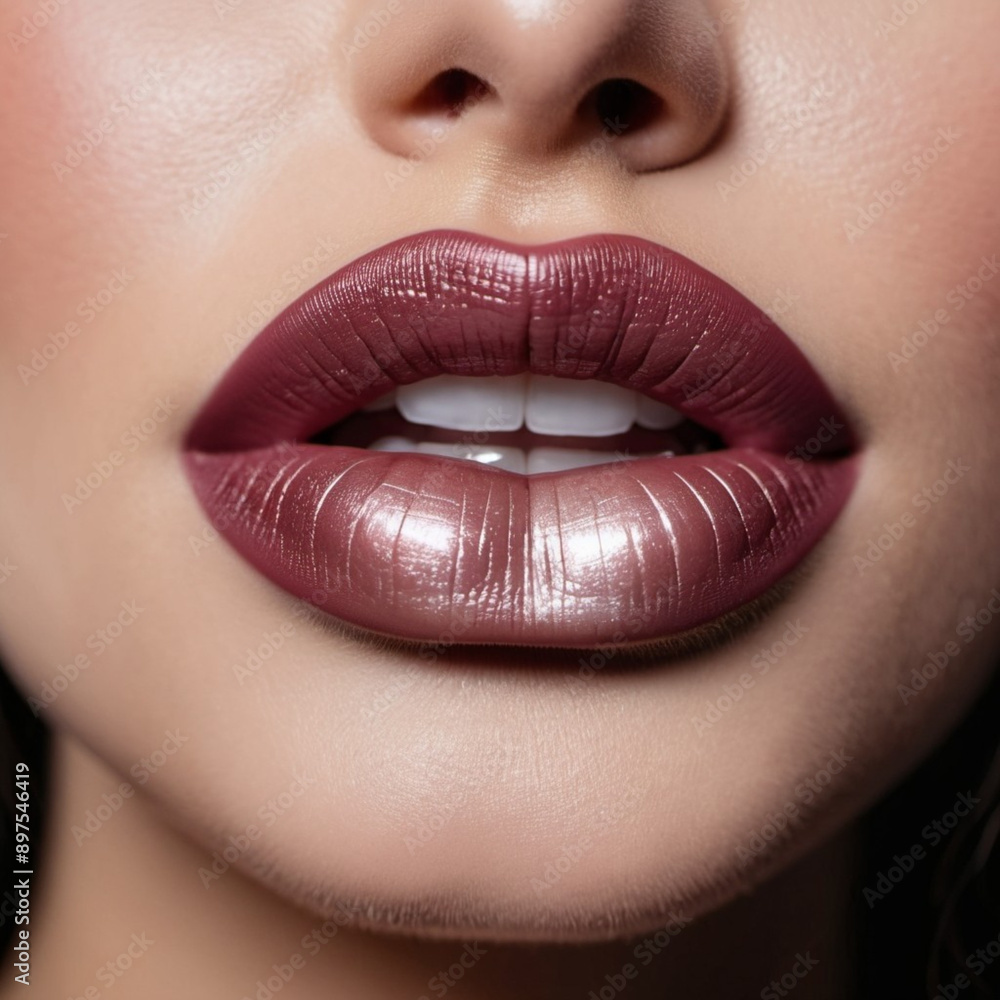Fototapeta premium Close-up of woman or young girl lips featuring shimmering brown, burgundy or maroon sparkle lipstick. Lips are slightly parted, revealing a glimpse of white teeth. Sensuality sexuality. AI generated