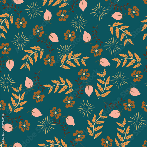Elegance pink floral stems seamless pattern on a grey background. Vector hand drawn. Artistic, abstract flowers and tiny leaves, buds bells printing. Template for designs, fabric, fashion, textile
