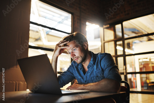 Obraz na płótnie Night, man or stress with laptop or error for project deadline mistake, report or phishing website