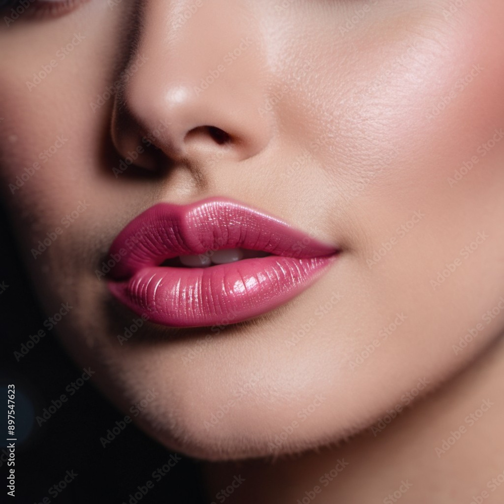 Obraz premium A close-up of a woman's lips, featuring shimmering pink lipstick that adds a touch of sparkle. The lips are slightly parted, revealing a glimpse of white teeth. Sensuality and sexuality. AI generated