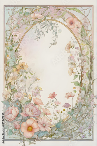 Modern art nouveau wildflower frame border, generative ai
