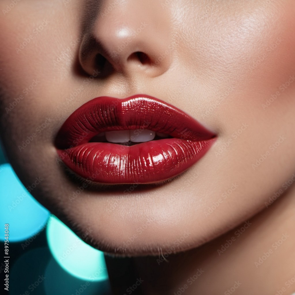 Obraz premium A close-up of a woman's lips, featuring shimmering burgundy maroon lipstick, touch of sparkle. The lips are slightly parted, revealing a glimpse of white teeth. Sensuality and sexuality. AI generated