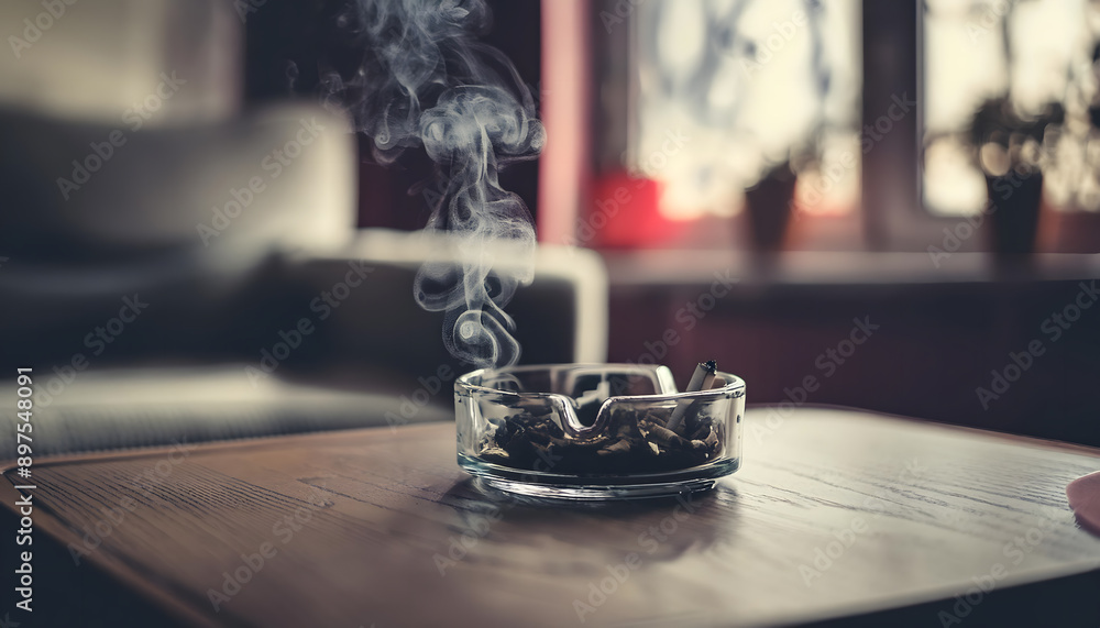 Obraz premium Burning cigarette in an ashtray.