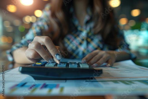 Close-up of a Woman's Hand Using a Calculator