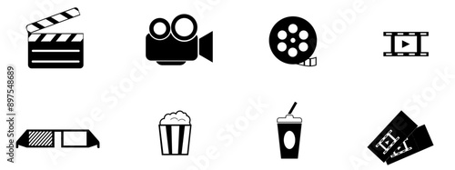 Iconos de cine en blanco y negro.  Silueta de claqueta, proyector, cinta, fotograma, lentes 3D, pochoclo, gaseosa y boletos para sitio web, tienda virtual, app y grafica. 