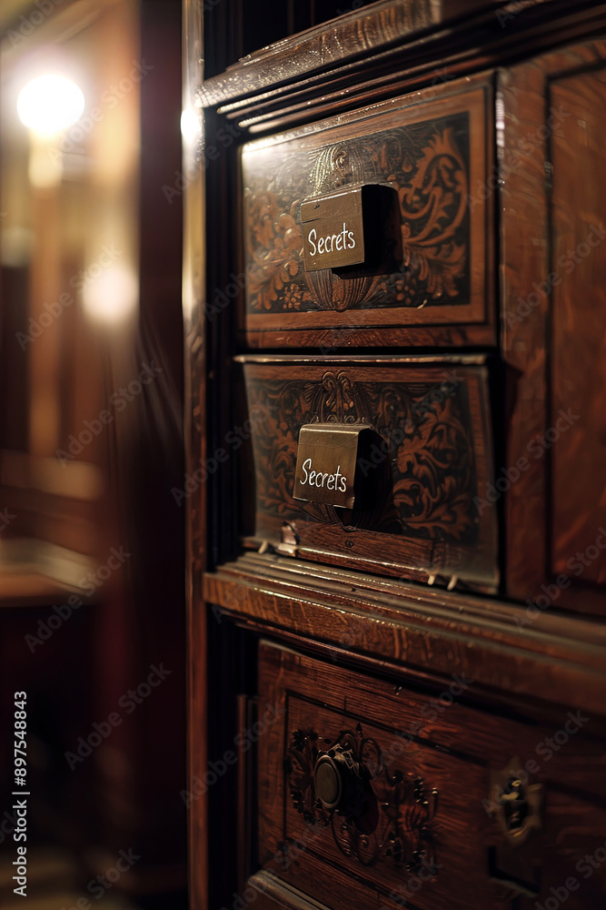 Lustrous Wooden Cabinet with Secrets File Label in Dramatic Light, with writing “ Secrets “
Lustrous Wooden Cabinet with Secrets File Label in Dramatic Light, with writing “ Secrets “