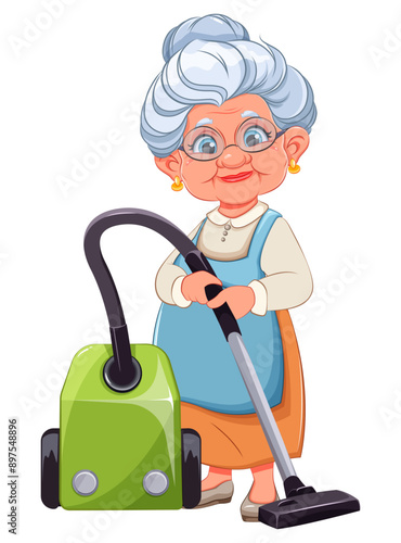 Cute smiling old woman holds vacuum cleaner