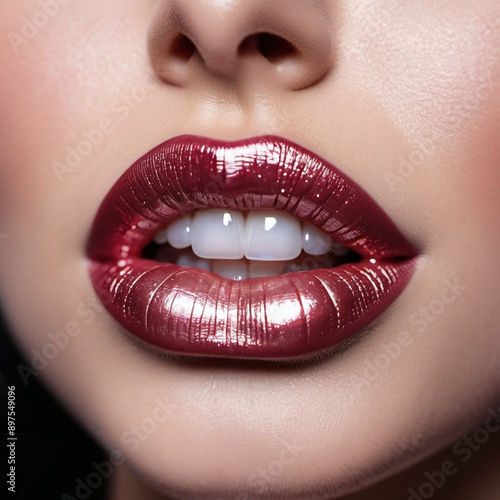 Close-up of woman lips, featuring shimmering pearlescent lipstick. Touch of sparkle. Lips are slightly parted, revealing glimpse of white teeth. Sensuality and sexuality. Mother of pearl lipstick. AI