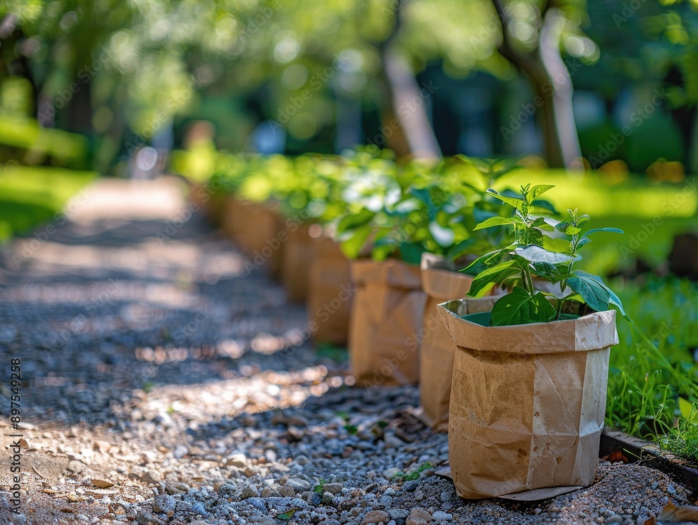 Eco-Friendly Gardening: Creative Use of Paper Bags as Plant Pots in a Lush Garden Setting Captured with Sony A7 IV Eco-Friendly Gardening: Creative Use of Paper Bags as Plant Pots in a Lush Garden Setting Captured with Sony A7 IV