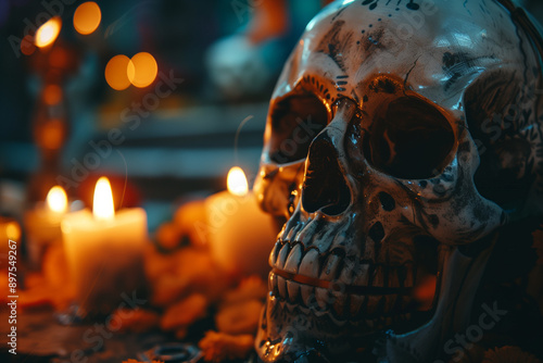 Skull and burning candles. Mexican Day of the Dead. Close-up skull decorated with traditional ornament. Night, dark mysterious atmosphere, lights. Santa muerte.