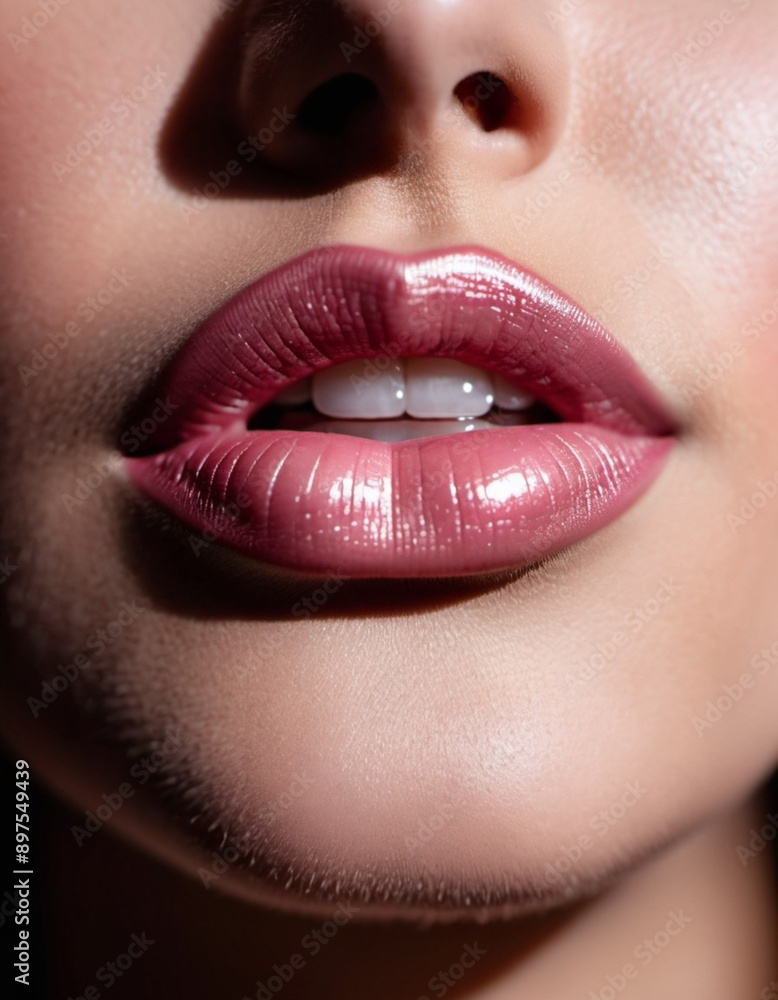 A close-up of a woman's lips, featuring shimmering pink lipstick that adds a touch of sparkle. The lips are slightly parted, revealing a glimpse of white teeth. Sensuality and sexuality. AI generated A close-up of a woman's lips, featuring shimmering pink lipstick that adds a touch of sparkle. The lips are slightly parted, revealing a glimpse of white teeth. Sensuality and sexuality. AI generated