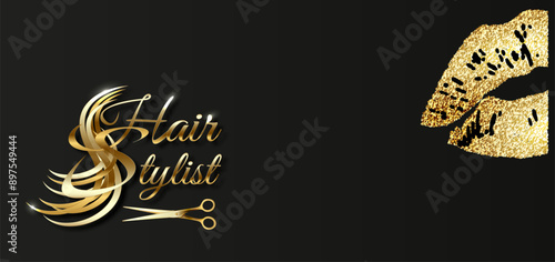 Beautiful golden curls of hair and scissors comb. Unique business card design for a beauty salon