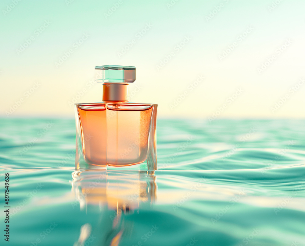 A glass engraved bottle with perfume stands on the surface of blue water A glass engraved bottle with perfume stands on the surface of blue water
