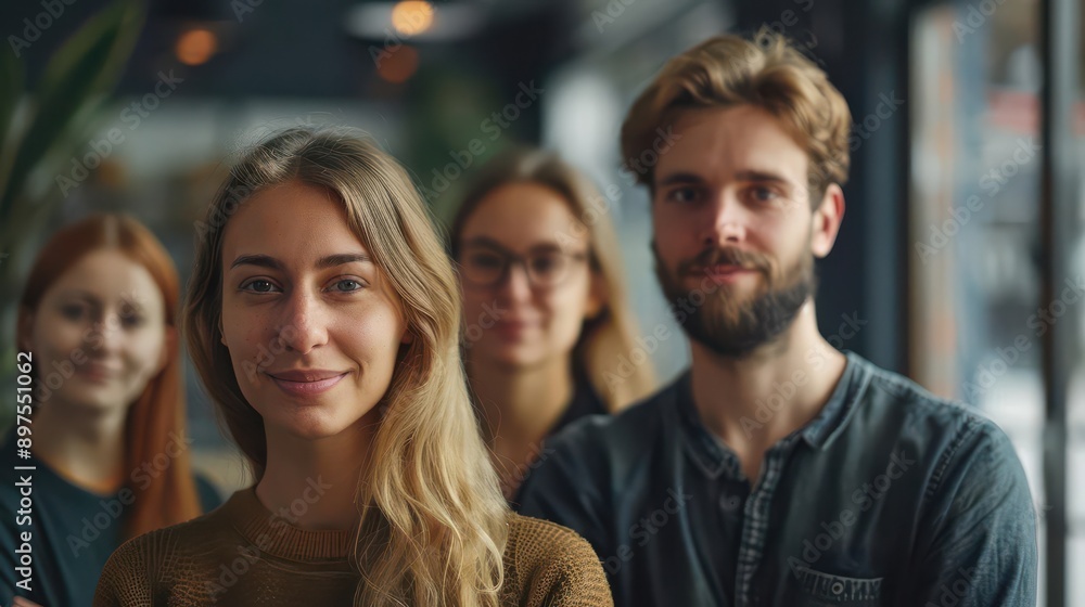 A group of four young adults, two men and two women, smiling at the camera. They are standing in front of a blurry background. A group of four young adults, two men and two women, smiling at the camera. They are standing in front of a blurry background.