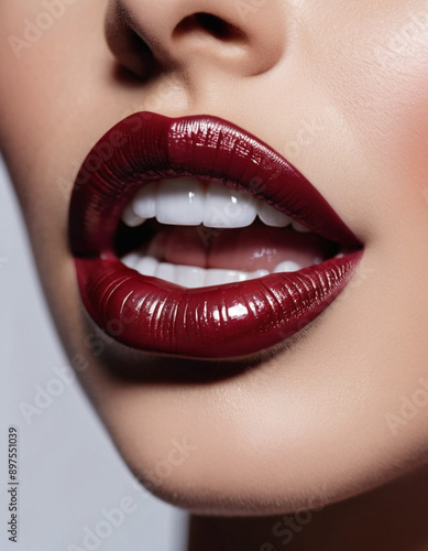 Close-up of woman or young girl lips featuring shimmering brown, burgundy or maroon sparkle lipstick. Lips are slightly parted, revealing a glimpse of white teeth. Sensuality sexuality. AI generated