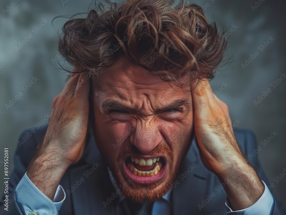 A man in a suit screams in frustration, covering his ears with his hands. He appears distressed and overwhelmed. A man in a suit screams in frustration, covering his ears with his hands. He appears distressed and overwhelmed.