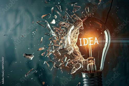 Creative idea light bulb with Idea explodes with shards of glass on a dark background. Business, ideas and new thinking. Think Different. Go beyond what is possible. Marketing. Creative thinking with 