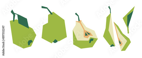 Green pear with leaf. Half of pear. Sliced ​​pear. Stylization. Set of vector illustrations, isolated objects on white background