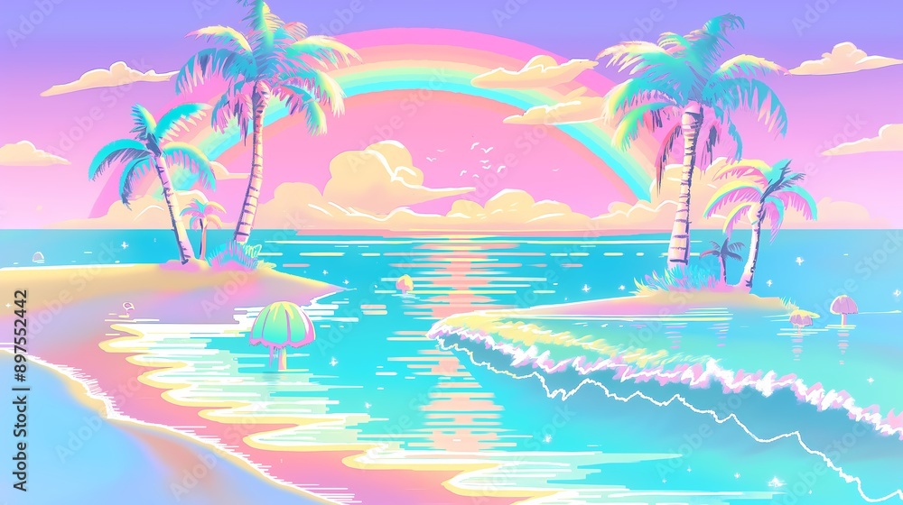 A simple and decorative illustration of a seaside beach, featuring elements like coconut trees, animals, shells, and waves, creating a picturesque coastal scene. A simple and decorative illustration of a seaside beach, featuring elements like coconut trees, animals, shells, and waves, creating a picturesque coastal scene.