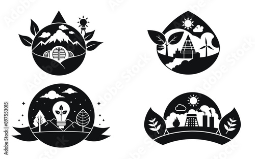 Ecology template with four different scenes ecology environmental conservation, plant hydro tree power