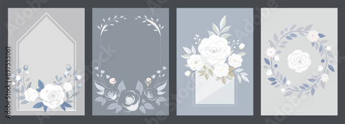 Classic wedding floral invitation template with white roses blue background, marriage love romantic ceremony