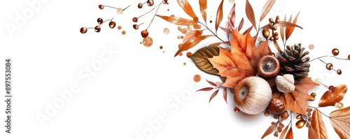 Autumnal arrangement with leaves, pinecones, and acorns on white background.