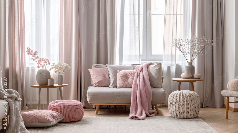 custom made wallpaper toronto digitalA Scandinavian-inspired living room with light gray curtains and soft pink accents