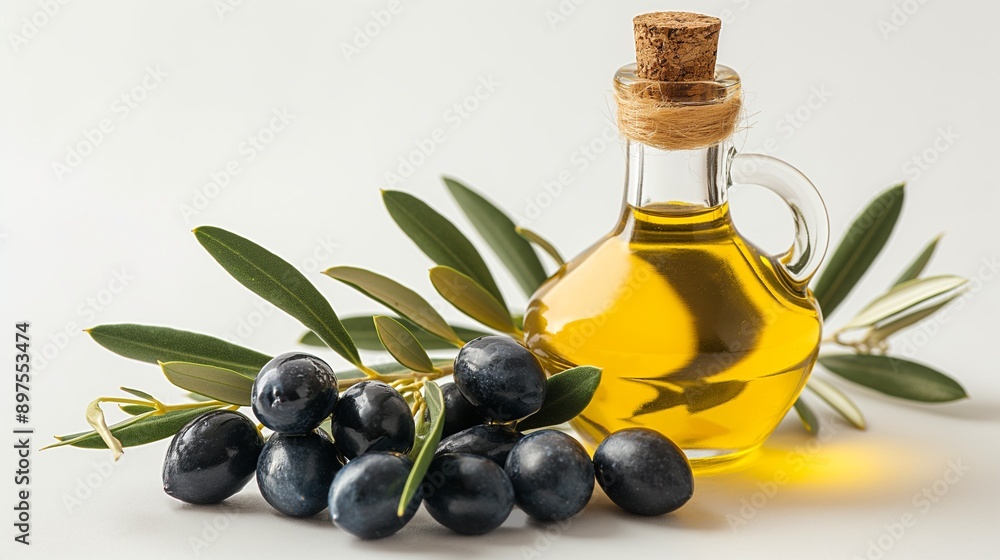 Olive oil and olive twig on white Olive oil and olive twig on white