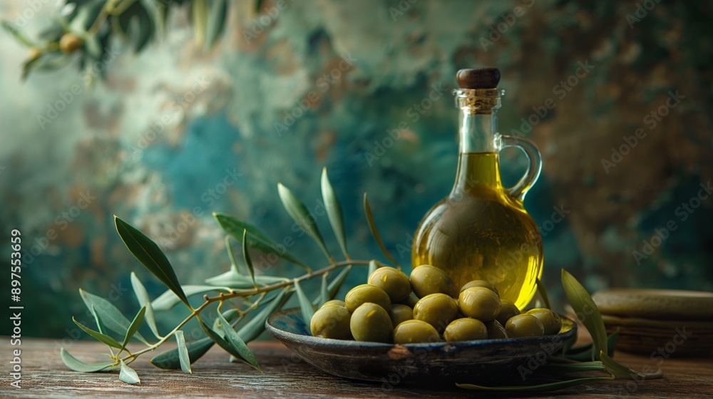 Olive oil and olive twig on a table Olive oil and olive twig on a table