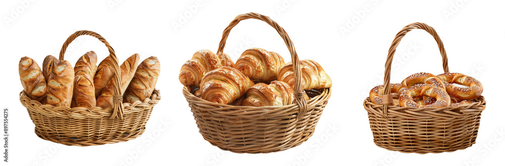Assorted Fresh Bread in Wicker Baskets Isolated on Transparent Background. Assorted Fresh Bread in Wicker Baskets Isolated on Transparent Background.