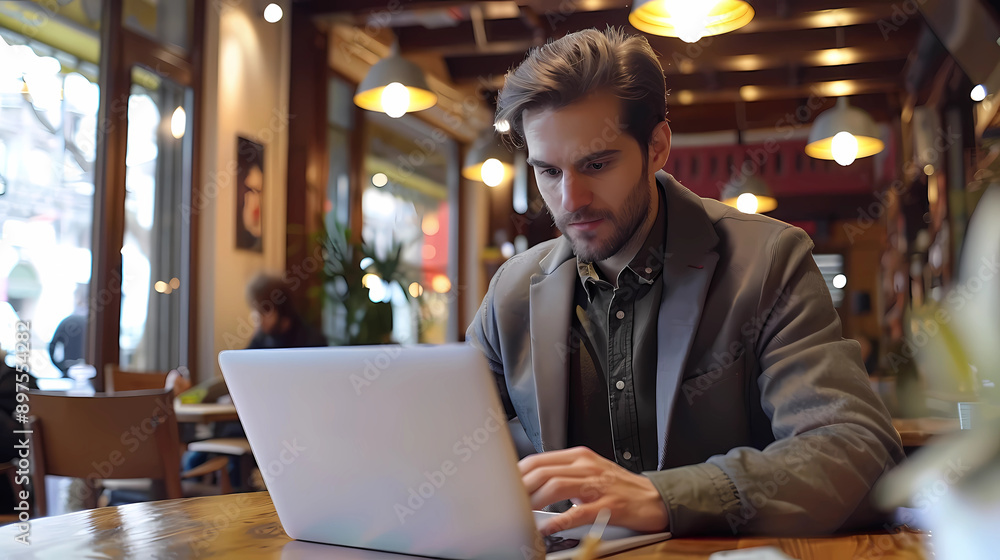 Remote Productivity: Businessman Working in a Coffee Shop