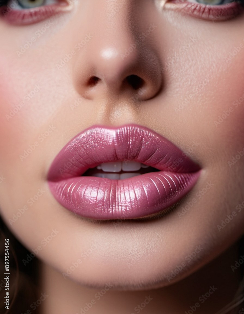 Fototapeta premium A close-up of a woman's lips, featuring shimmering pink lipstick that adds a touch of sparkle. The lips are slightly parted, revealing a glimpse of white teeth. Sensuality and sexuality. AI generated