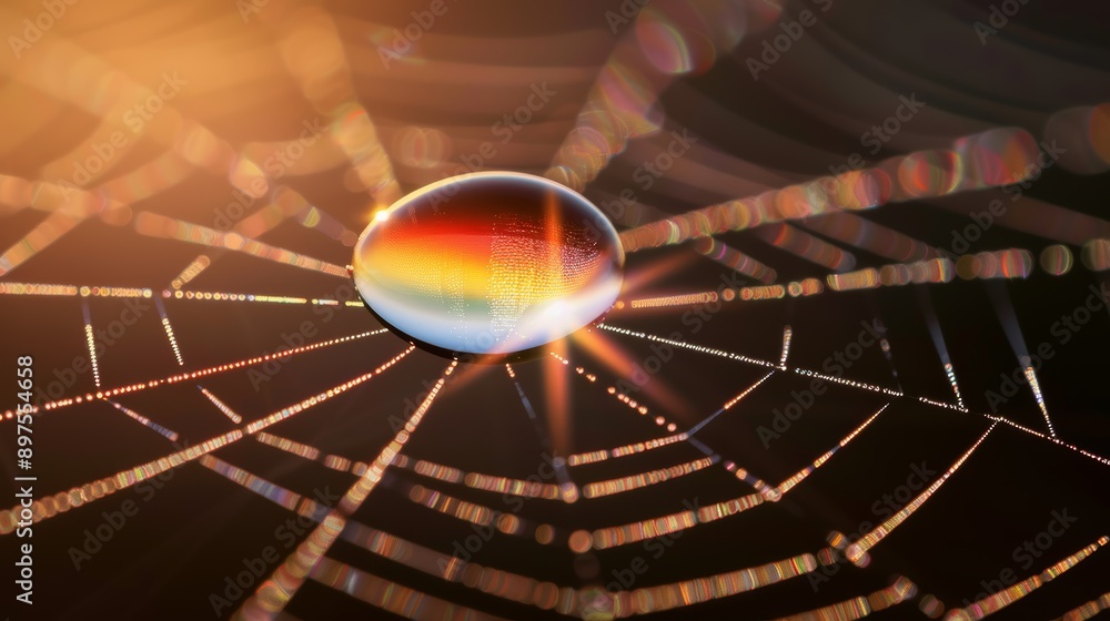 A close-up of a dewdrop on a spiderweb, glowing with rainbow colors in the morning sunlight, with copy space, high-resolution photo, realistic photo, hyper realistic A close-up of a dewdrop on a spiderweb, glowing with rainbow colors in the morning sunlight, with copy space, high-resolution photo, realistic photo, hyper realistic