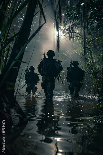 Soldiers move in the heart of a marsh, crossing swampy waters, tropical jungle night, extreme conditions of concealed night tactical combat operation of special task forces 